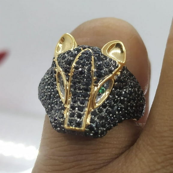 1 Ct Round Cut Black Cubic Zirconia Panther Men's Ring 14k Yellow Gold Plated Silver