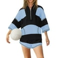 thumbnail image 2 of Women Striped Workout Set Two Piece Outfit Tracksuit Oversized Lounge Top and Shorts Sets with Pockets Black Blue XXL, 2 of 7