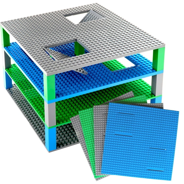 Strictly Briks Classic Trap & Gap Stackable Baseplates, 100% Compatible with All Major Brands, Blue, Green & Gray, 4 Pack, 2 Base, 2 Trap Door & Gap, 15 Stackers, 10x10 Inches