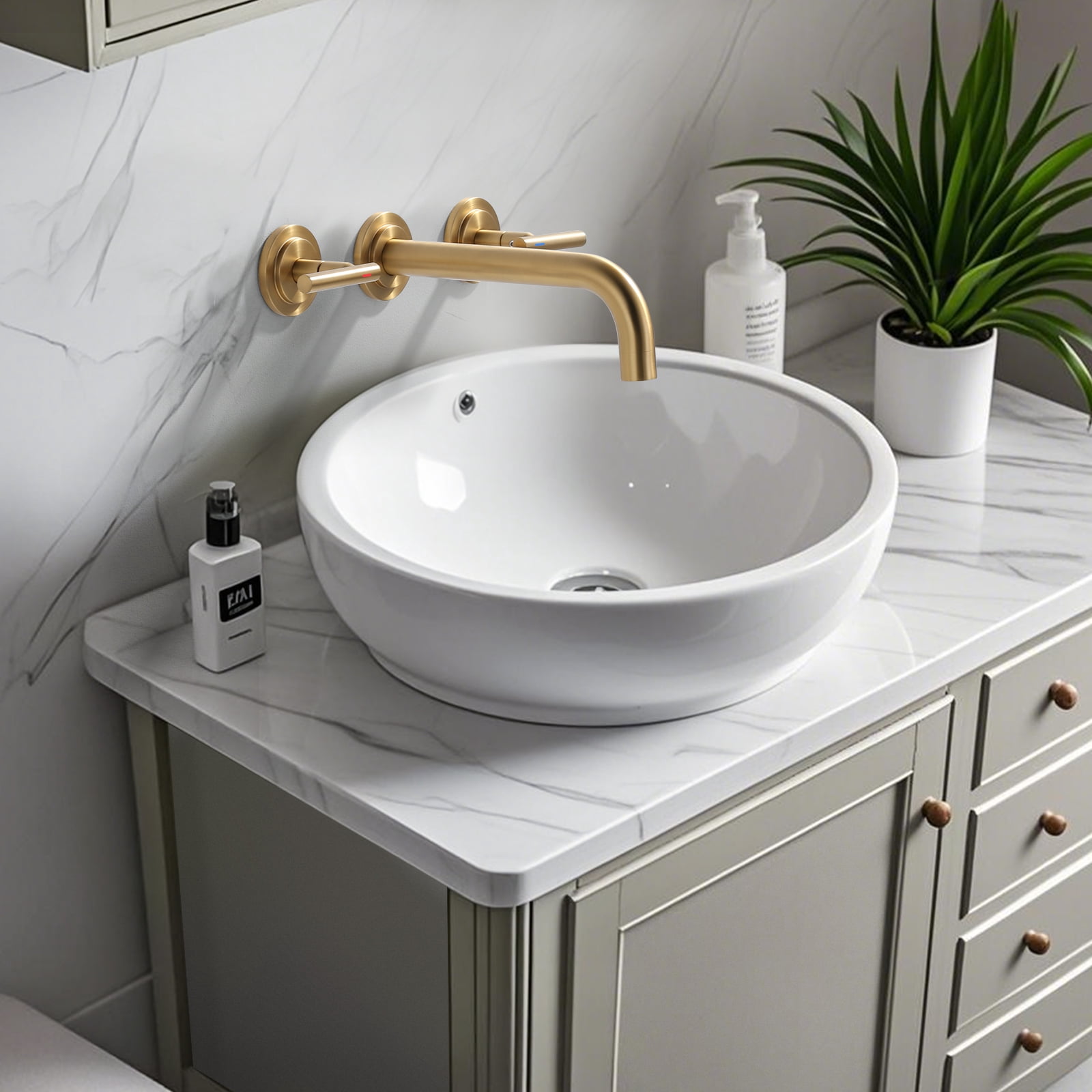 Double Handle Wall Mounted Bathroom Faucet with Rough-in Valve Included in Solid Brass Gold