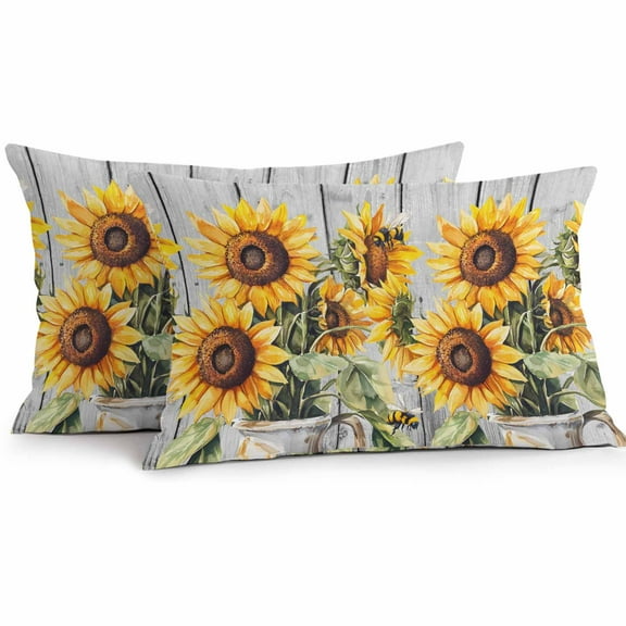 Outdoor Waterproof Pillow Covers Pack of 2, Summer Floral Country Sunflower Wooden Board Decorative Throw Pillowcases Cushion Covers for Garden Patio Tent Sofa Couch, 20x12 inch
