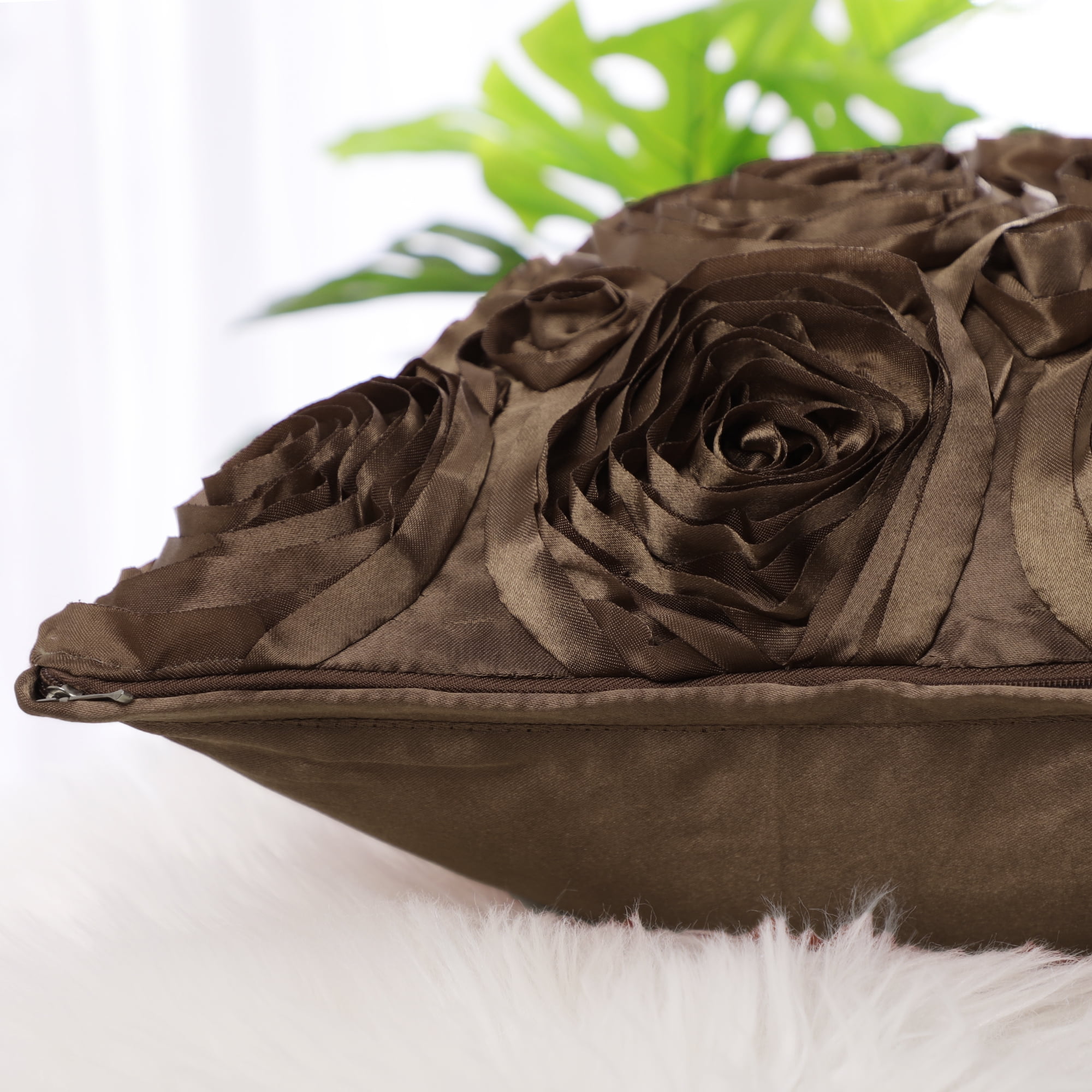 PiccoCasa Decorative Throw Pillow Covers 3D Satin Rose Flower Shells Cushion Covers, 2Pcs, 16"x16" Coffee Color
