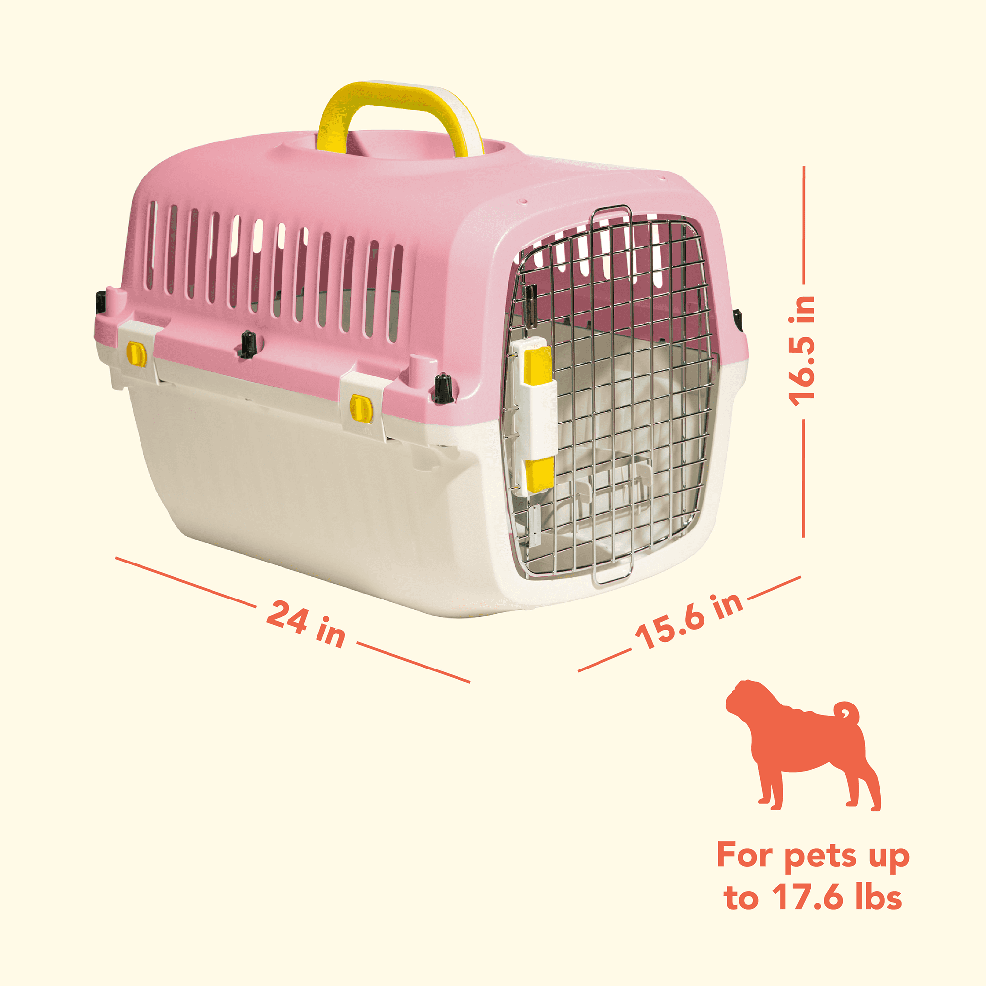 Oodles 24" Plastic Travel Pet Kennel, with Clip On Bowl, Pink