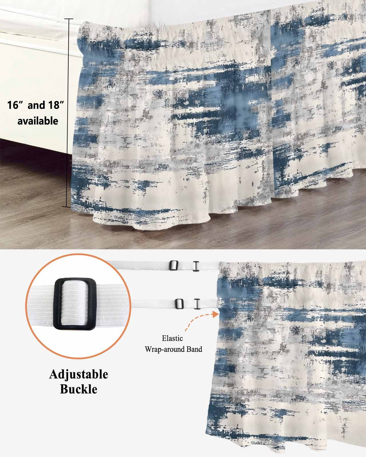 Blue Grey Shabby Bed Skirt King Size 16" Drop Vintage Abstract Art Modern Ruffled Wrap Around Bed Skirts Adjustable Elastic Bedskirt Dust Ruffle for King Size Bed