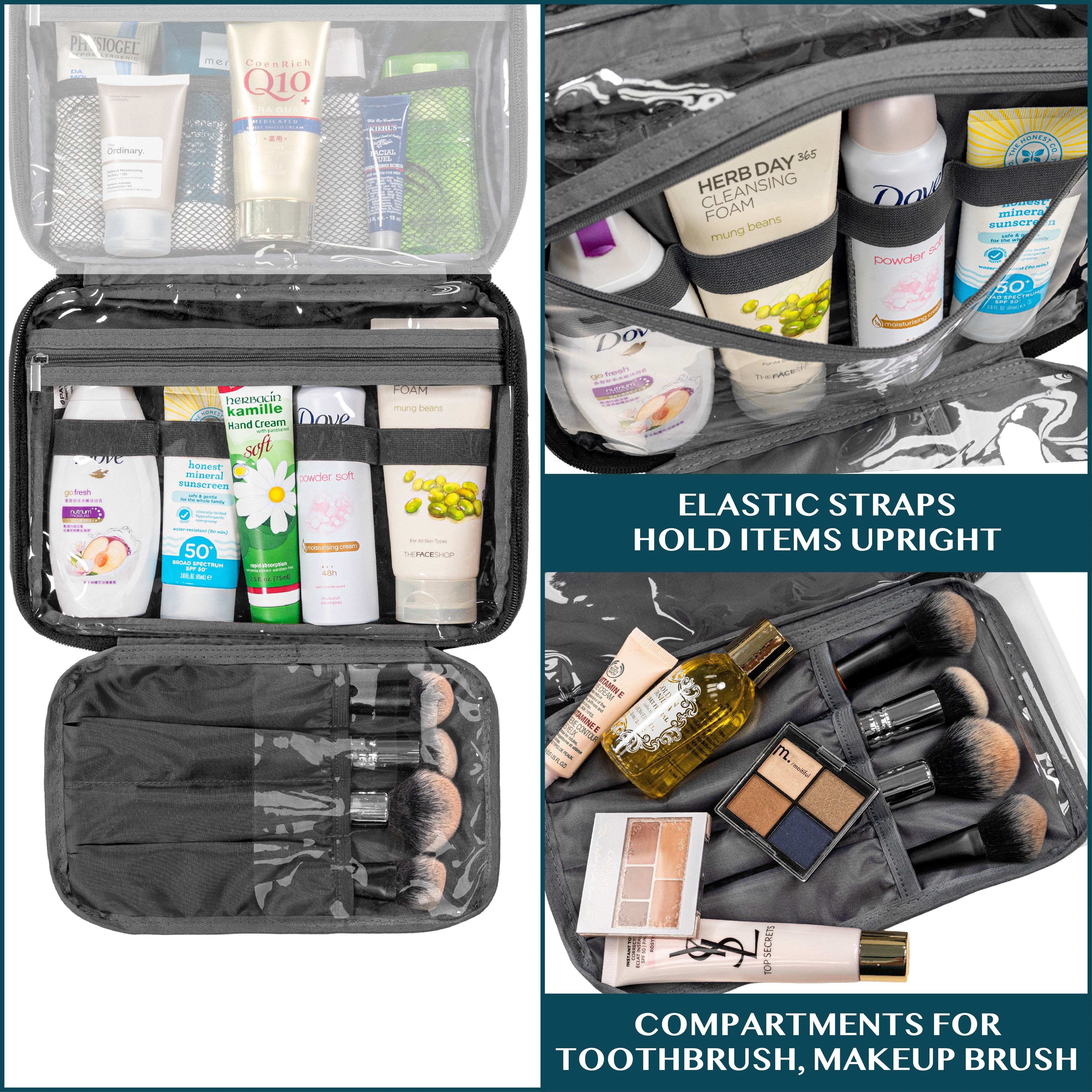PAVILIA Hanging Toiletry Bag Women Men, Foldable Cosmetic Organizer Travel Bag, Water Resistant Makeup Bag Toiletries, Large Travel Essentials Kit (Black)