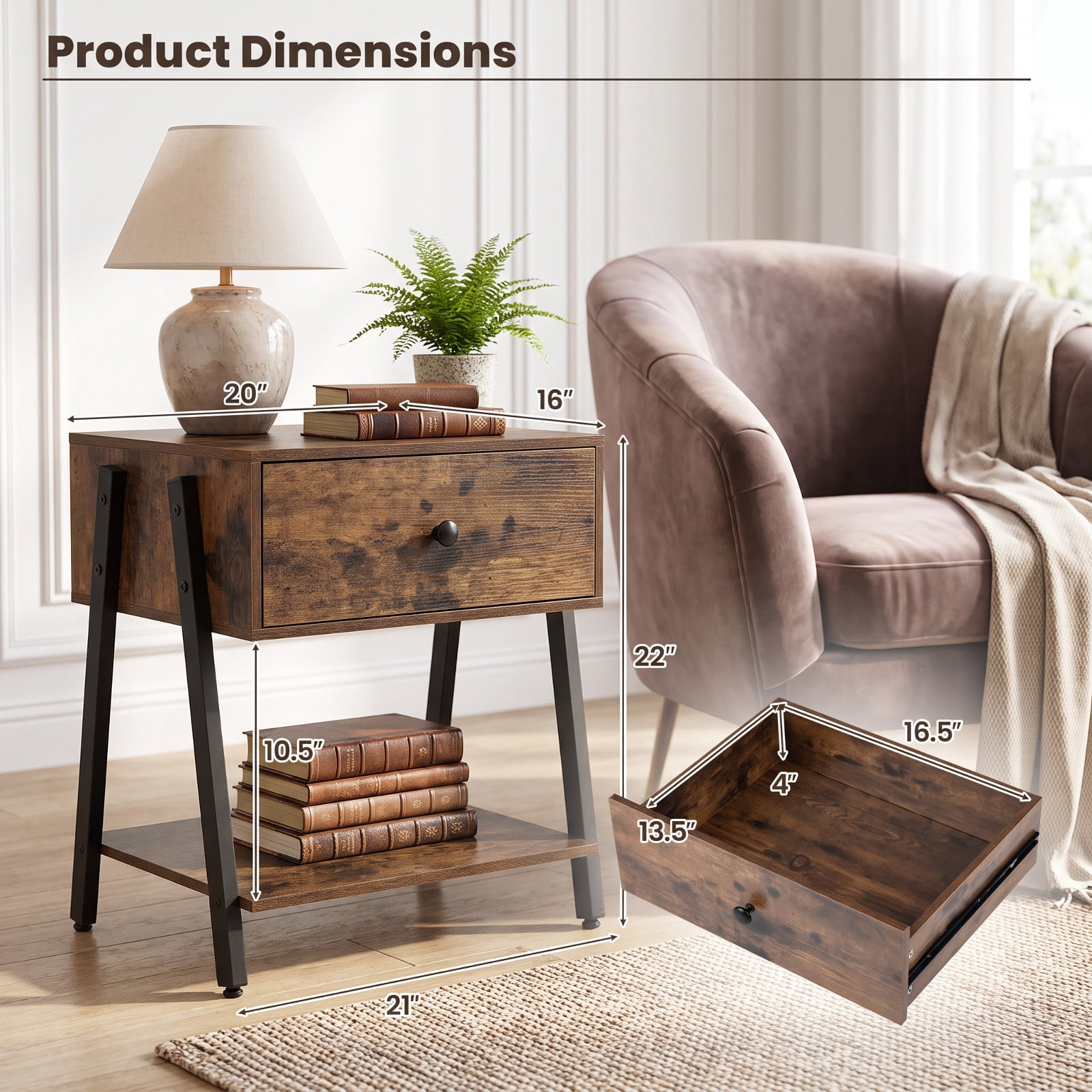 Furnibear Industrial Nightstand with Drawer and Adjustable Foot Pads for Bedroom for Bedroom Living Room Bedside Sofa Side Small Space, Rustic Brown