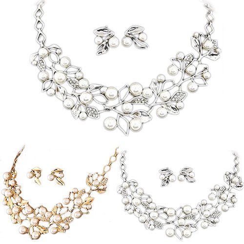 Naierhg Elegant Bridal Faux Pearl Leaves Choker Necklace Stud Earrings Jewelry Set