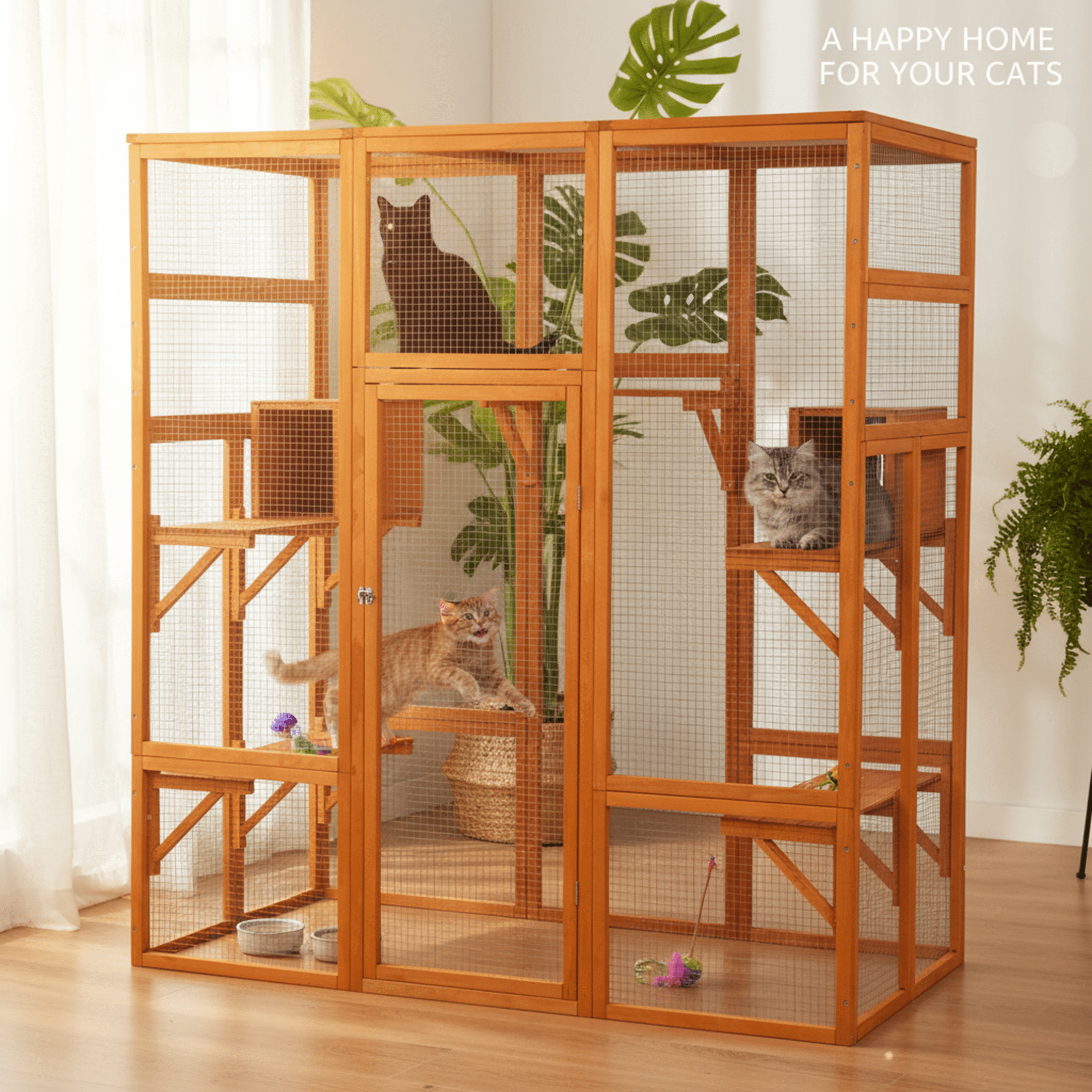 Outdoor Catio Cat Enclosure, Large Wooden Cat House with 6 Jumping Platforms, Scratching Post, 2 Ramps, Waterproof Roof, Cat Cage Window Access for 2-3 Kittens, 99" H, Orange
