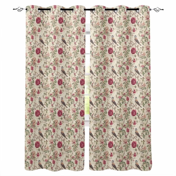 Vintage Pink Botanical Blackout Curtains for Bedroom/Living Room, Thermal Insulated Kitchen Curtains, Spring Floral Summer Birds Grommet Darkening Window Treatment Drapes 42"x63"x2