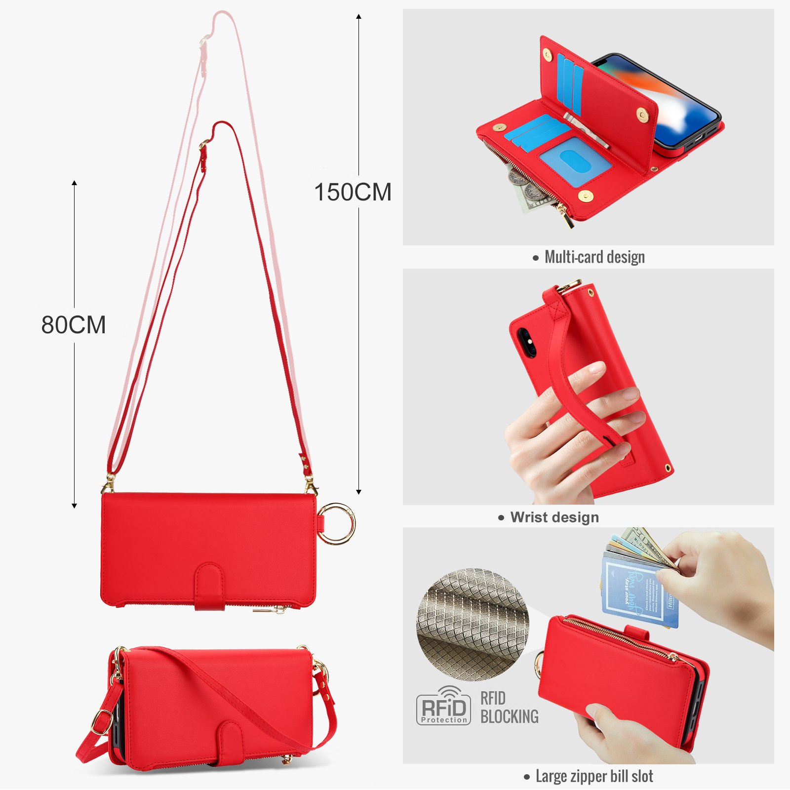 ELEHOLD For iPhone XS/X Phone Case Leather Crossbody Zipper Card Wallet Flip Case Kickstand Cover, with Ring Holder,Full Body Protection-Red