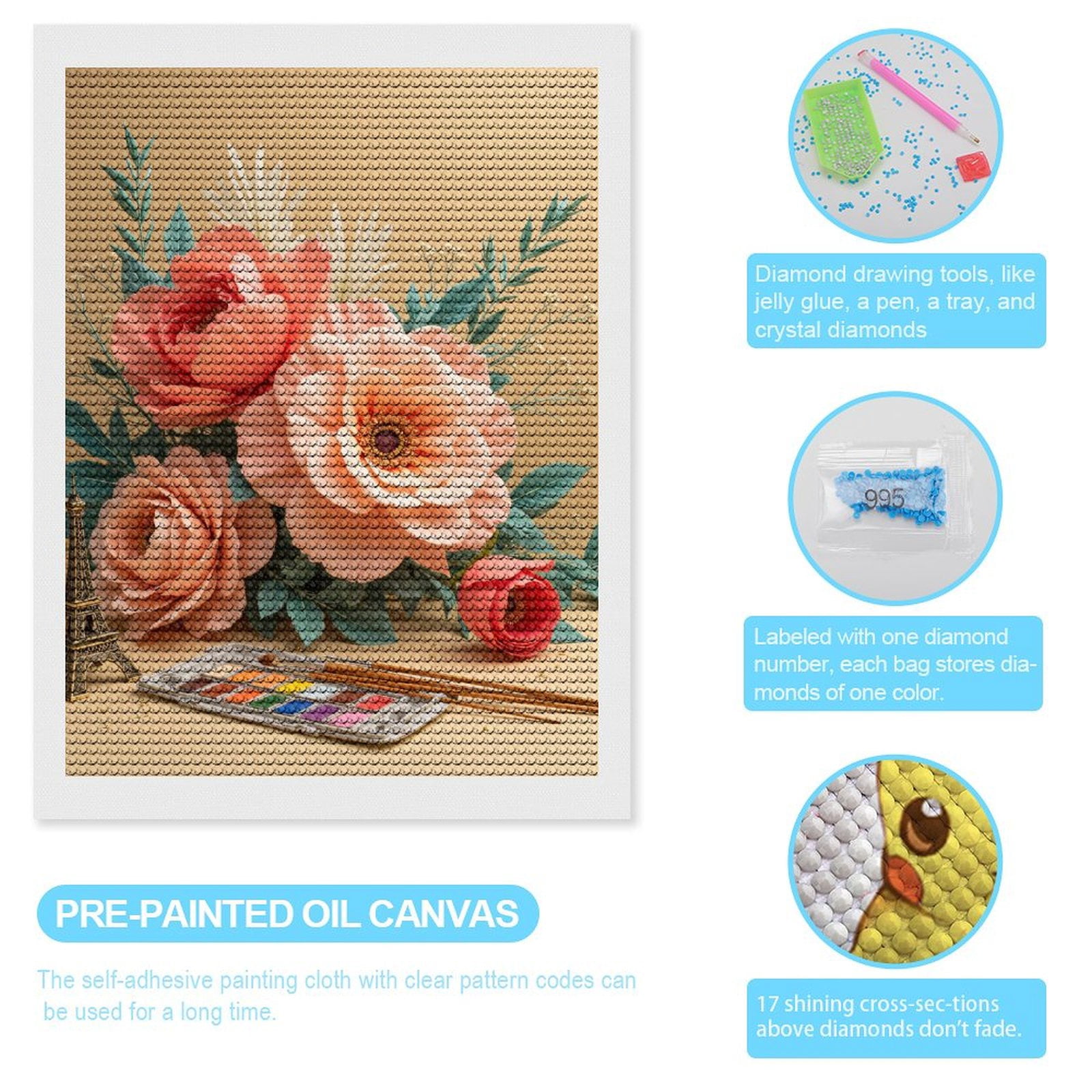 Diamond Art Kits for Adults, Floral Art Peach Blooms Watercolors Eiffel 5D Diamond Painting Kits for Adults Beginners, DIY Full Drill Diamond Painting, Gem Art and Crafts 12x16