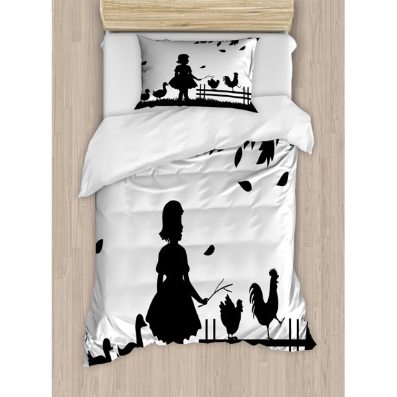 Fence Duvet Cover Set Twin Size, Little Girl Walking in the Forest with Goose Chicken and Rooster Friends Childhood, Decorative 2 Piece Bedding Set with 1 Pillow Sham, Black White, by Ambesonne