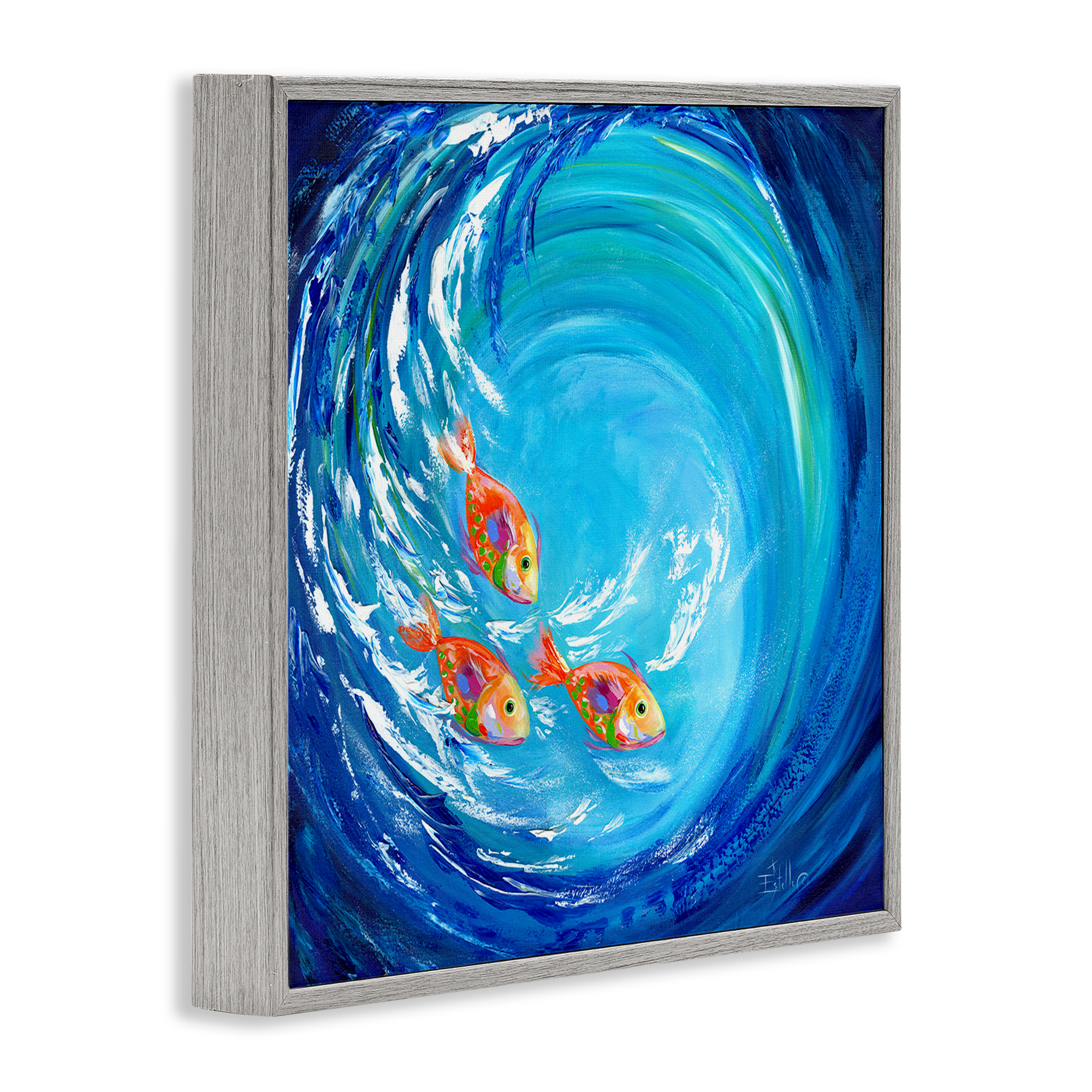 Stupell Industries Into The Blue Fish Landscape Painting Gray Framed Art Print Wall Art, 12 x 12