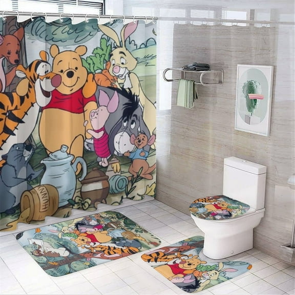 4 Piece Shower Curtain Set with Rugs Winnie The Pooh Shower Curtain Bathroom Sets Decor Waterproof