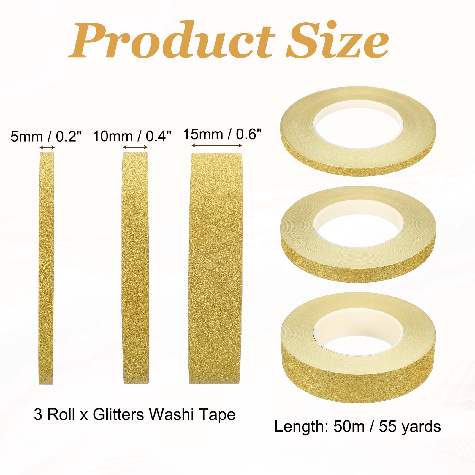 Uxcell 3 Roll Glitters Washi Tape, 0.2/0.4/0.6 Inch (W) x 55 Yards (L) Sparkling Decorative Washi Tape Self Adhesive for DIY Crafts, Gift Wrapping, Scrapbook, Party Decorations, Gold Tone