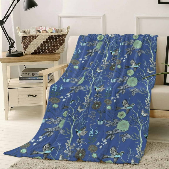 Vintage Flower Bird Butterfly Herb Throw Flannel Blanket 40x50In Country Garden Blue Green Super Soft Cozy Bed Blanket, Lightweight Plush Fuzzy Bed Throw for Bedroom Sofa Couch Living Room