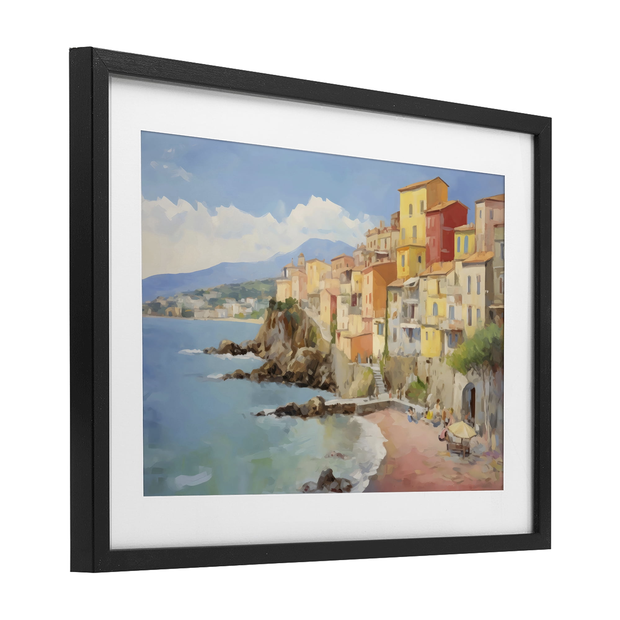 Stupell Industries Colorful Coastal Town by Sea Black Framed Print Under Glass, design by Creative Studio