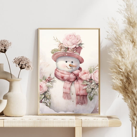 WestConfe Snowman Art, Holiday Wall Decor, Soft Pink Christmas Decor, Christmas Art for Girl's Nursery or Bedroom, Pastel Winter Scene