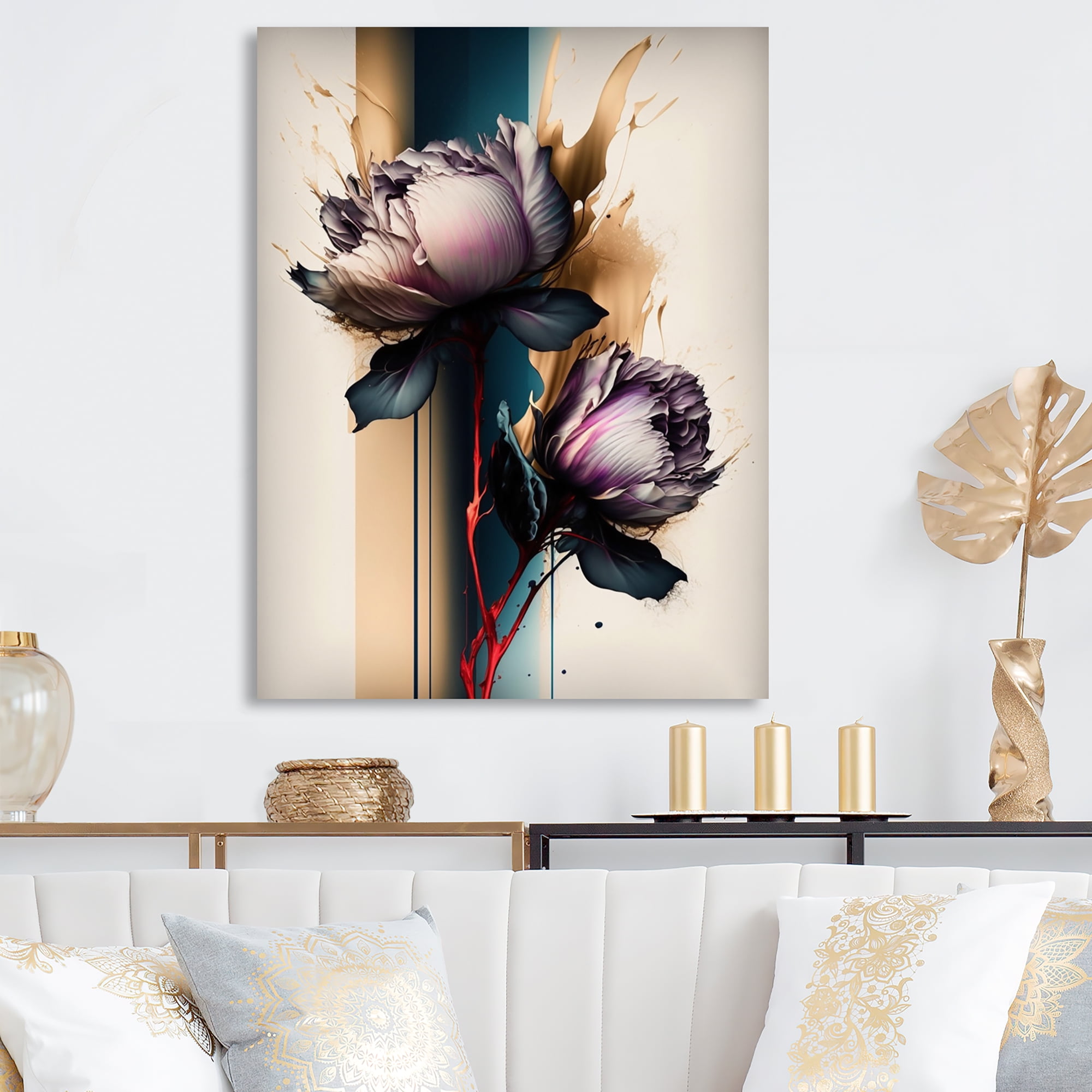 Designart Red Peony Flower On Abstract Paint III Canvas Wall Art