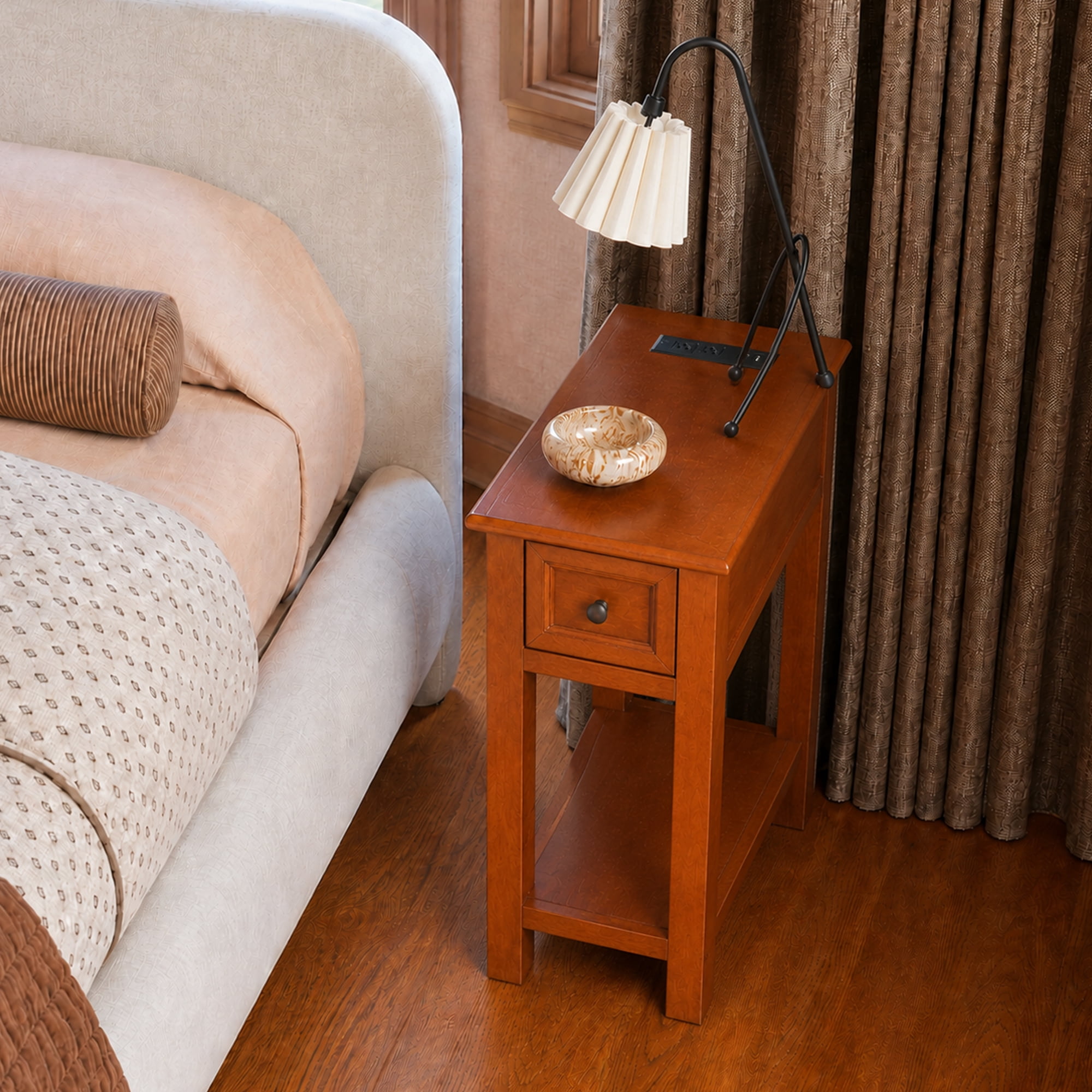 Leumius End Table with Drawer and Shelf, Veneers and Wood Construction Walnut Color for Living Room and Bedroom