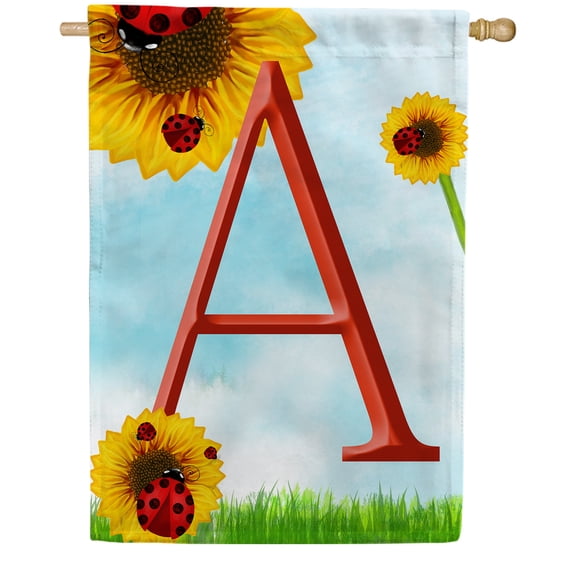 America Forever Summer Sunflower Ladybugs Monogram House Flag Letter A 28 x 40 inches Yellow Floral Spring Double Sided Vertical Outdoor Yard Lawn Decorative Yellow Hello Sunshine House Flag