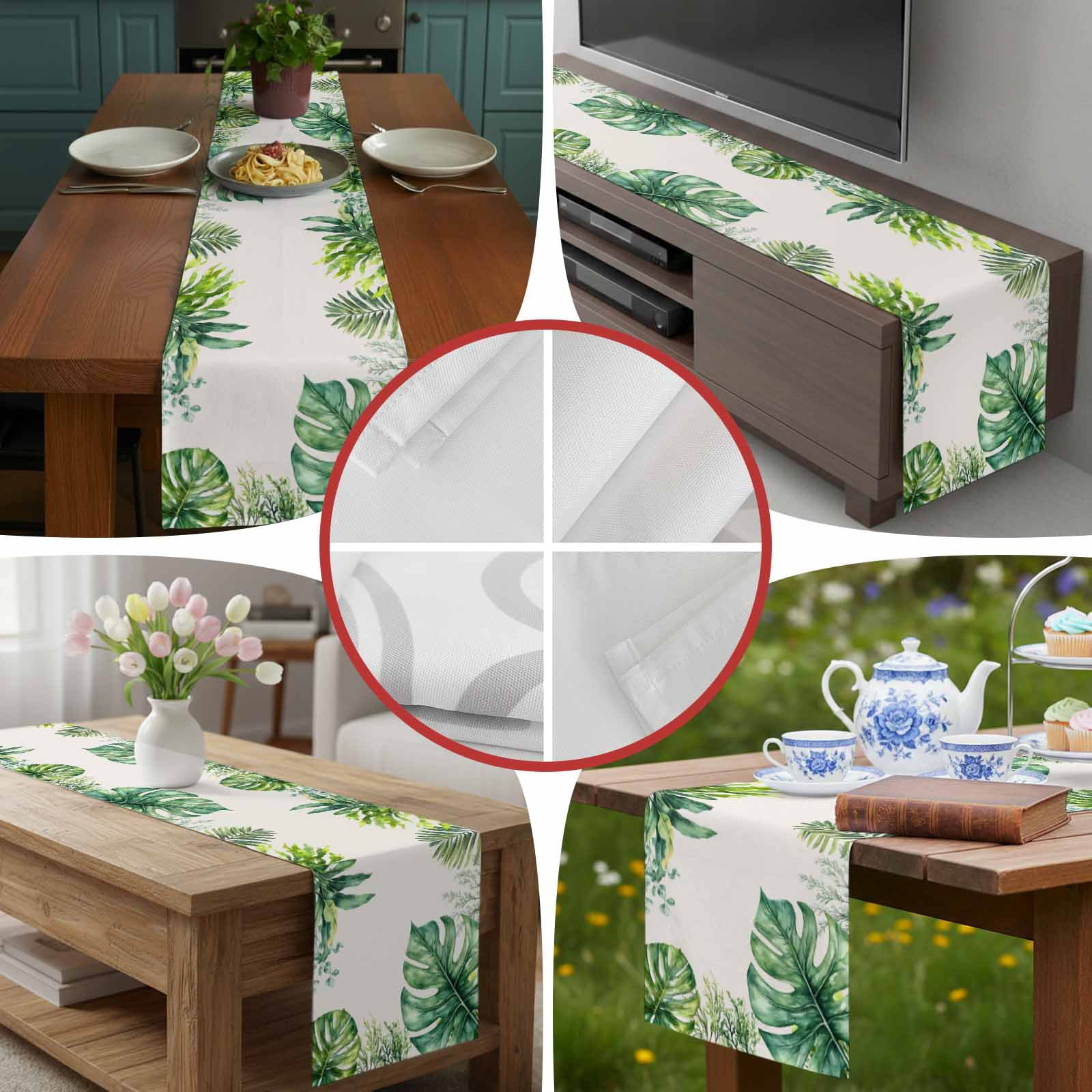 Summer Tropical Plants Palm Leaf Table Runner 90 Inches Long, Green Watercolor Leaves Table Runners Tabletop Scarf Kitchen Dining Tables Decoration for Home Party Indoor Outdoor
