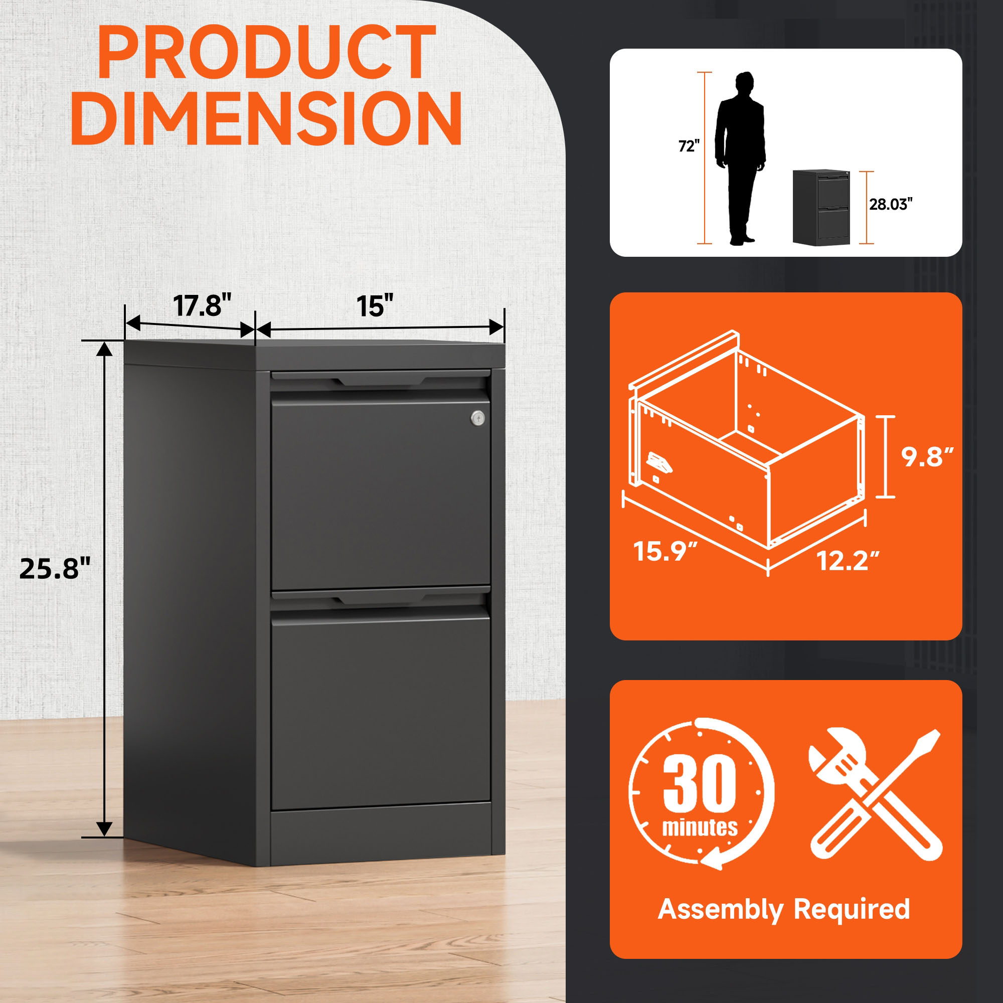 Topass 2-Drawer Locking Metal File Cabinet, Home Office Storage, A4/Legal/Letter Hanging, Assembly Required.Black