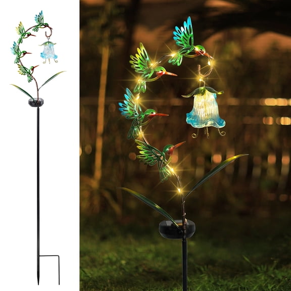 Solar Hummingbird & Glass Bellflower Garden Stake – LED Metal Decor,Pathway Light,Outdoor Yard Ornament,for Garden,Patio,Yard Decor