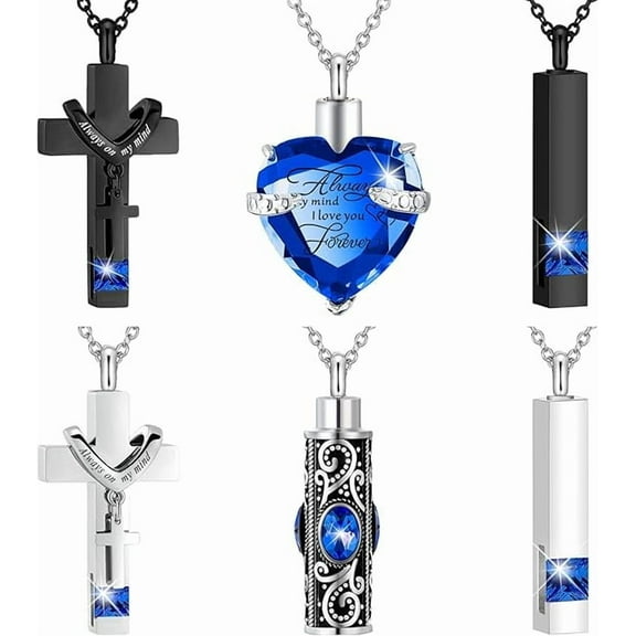 6 Pack Personalized Urn Necklace for Ashes Keepsake Cremation Heart Cross Cubic Jewelry for Ashes Stainless Steel Memorial 6 Styles Urn Necklace