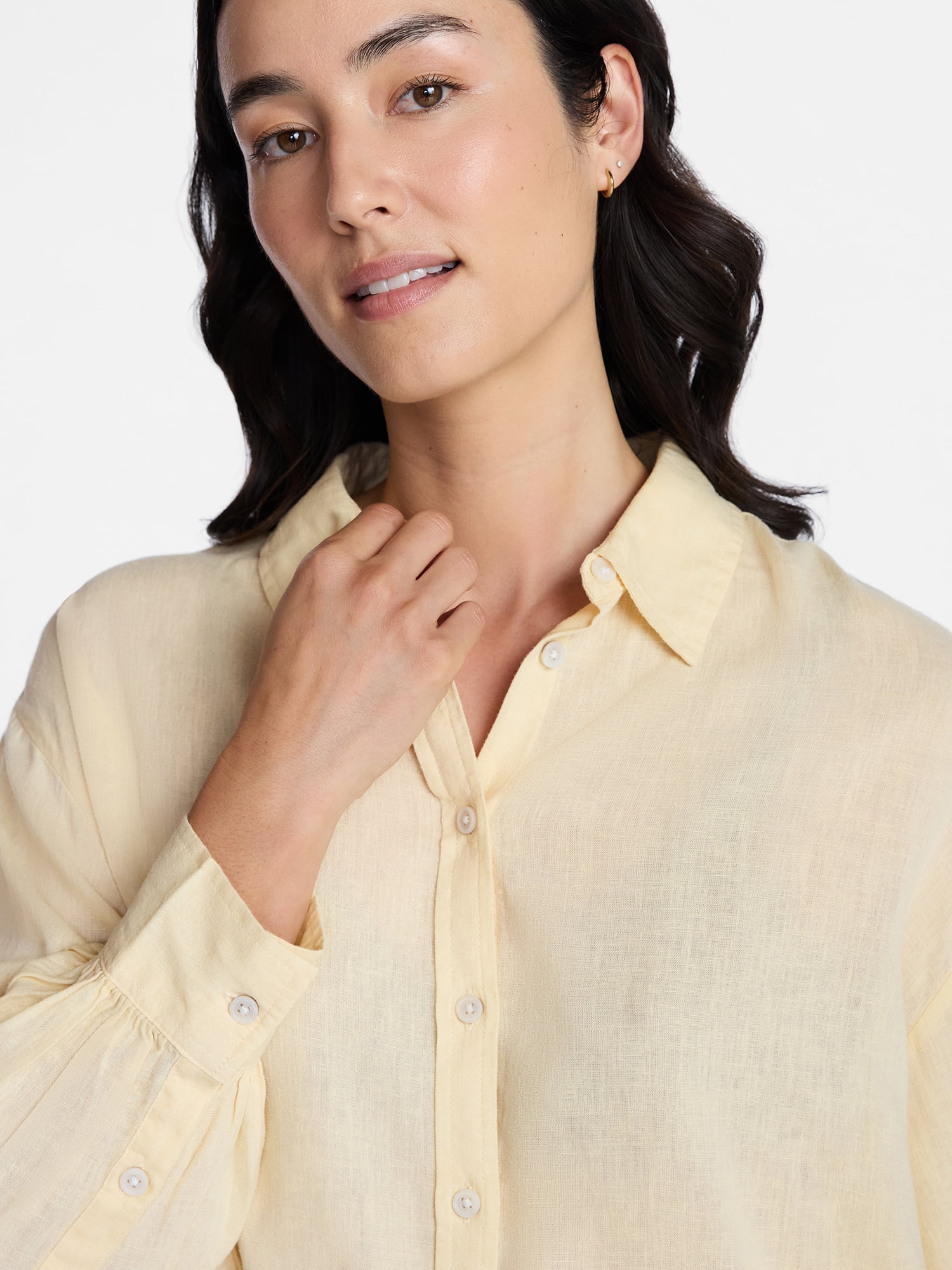 Time and Tru Women's Linen Blend Button Front Cropped Top with Long Sleeves, Sizes XS-XXXL