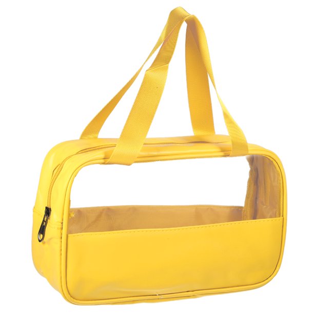 Bolsas de maquillaje medianas transparentes de patchwork duraderas para mujeres de Unique Bargains para vacaciones y camping en cuero PU y PVC amarillo-M