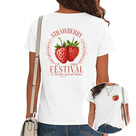 UNISHE Women s Strawberry Festival A Berry Good Time Fruit Graphic Tops Short Sleeve T-Shirt daily wear Tees