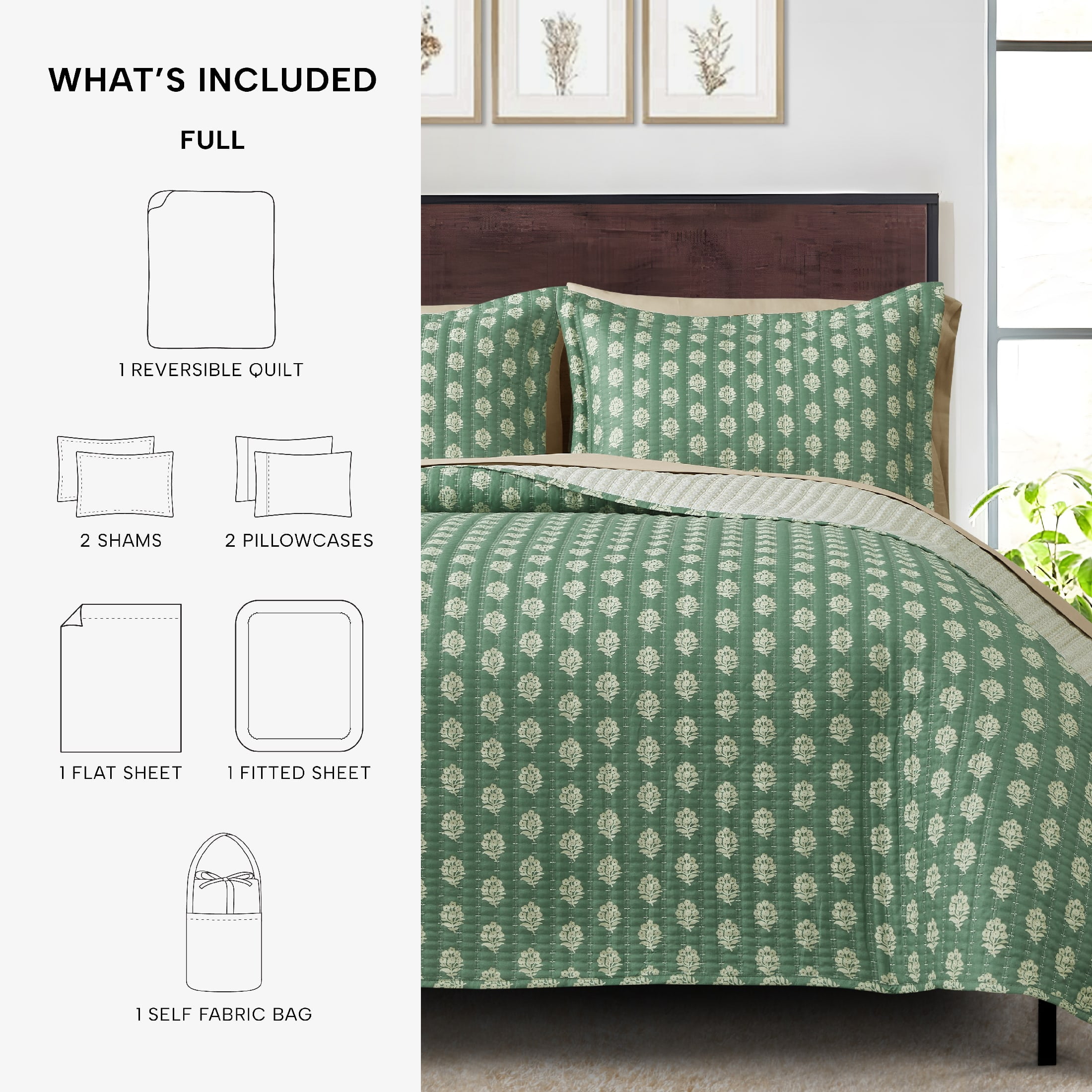 Mainstays All in One Lightweight Quilt Set and Sheet Set -7 Piece, Full, Green Floral