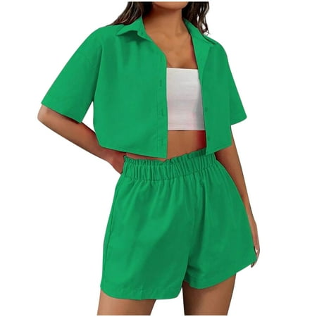 Juslio Pants for Women Summer Two-piece Set Of Breasted Short Sleeved Lapel Shirt and Women Shorts S Green