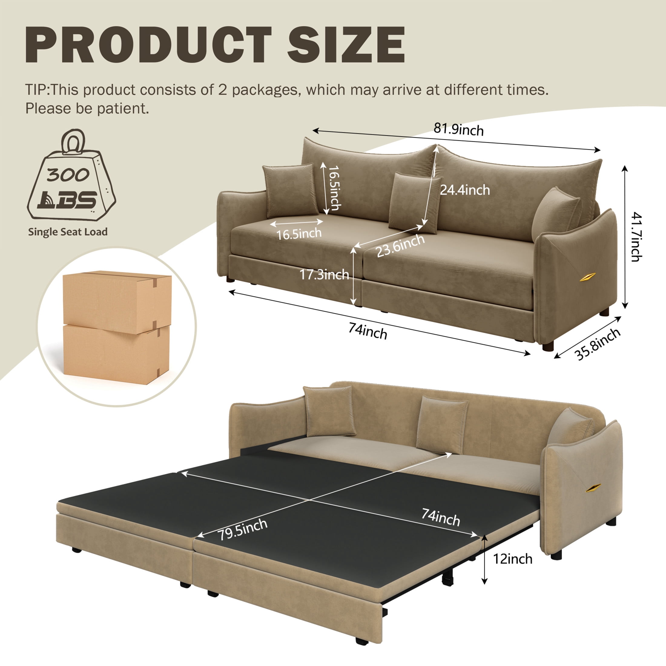 Noble House Abriel King Pull Out Sleeper Sofa Bed, Modern Velvet 3-in-1 Convertible Couch with Pillows, Camel