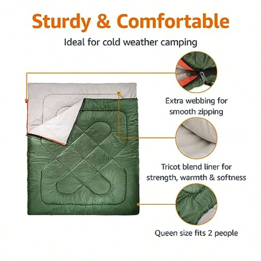 40F Cool Weather TwoPerson Sleeping Bag 87 Inches X 59 Inches Olive Green