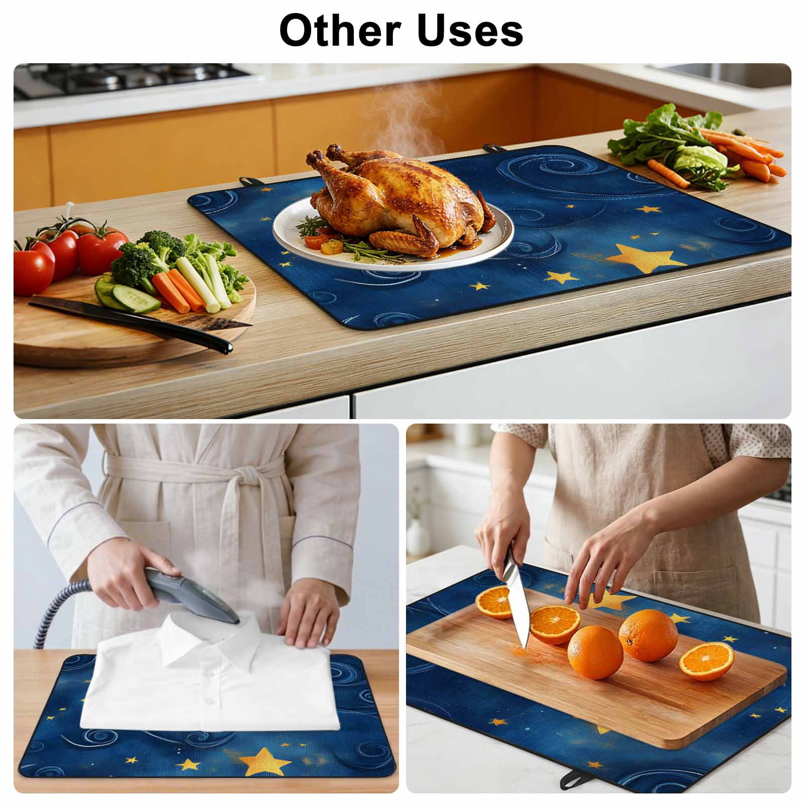 Navy Blue Yellow Star Stove Top Cover for Electric Stove, Heat-proof & Non Slip Glass Top Stove Cover Protector, Starry Sky Vintage Kitchen Flat Cooktop Rubber Mat 31x24 Inches