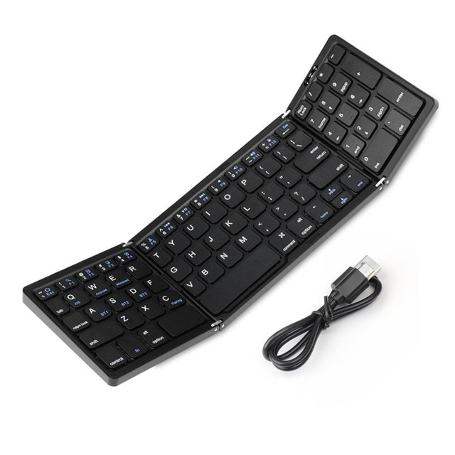 teclado plegable bt tipo c, escritura silenciosa recargable, regalos ideales con teclado numérico, teclado portátil de viaje para viajar negro teclado plegable negro de tres paneles abierto en vista 3/4 con teclado numérico integrado, teclas de perfil bajo de clic silencioso y acabado mate; bisagras visibles y cable de carga tipo C incluido, diseño compacto ideal para viaje.