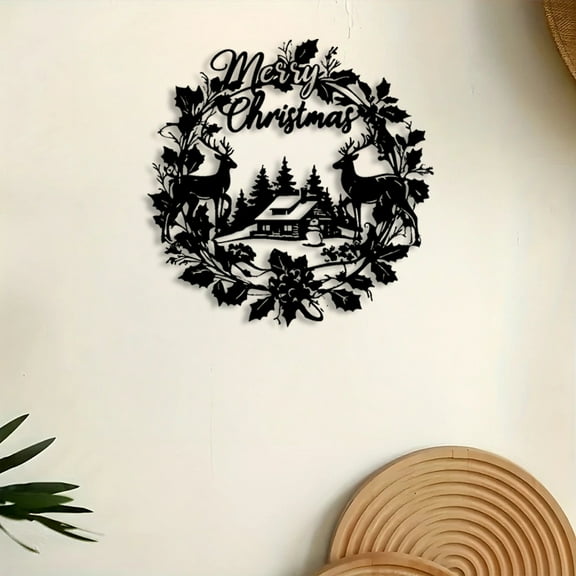 HELLOYOUNG Black and white Christmas wreath metal wall art with reindeer and holly decorations iron Christmas decor for living rooms, entryways, and patios - indoor/outdoor wall-mounted signs