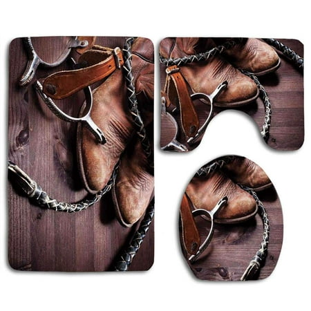 CHAPLLE Western Authentic Old Leather Boots and Spurs Rustic Rodeo Equipment Usa Style Art brown 3 Piece Bathroom Rugs Set Bath Rug Contour Mat and Toilet Lid (Best Way To Use Bathmate)