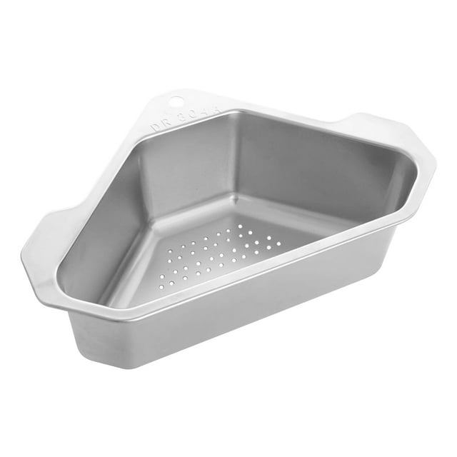 Cesta de almacenamiento esquinera triangular de acero inoxidable para fregadero de cocina.