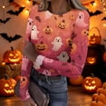thumbnail image 2 of Halloween Shirts for Women Long Sleeve Slim Fitted Funny Cartoon Ghost Tunic Tops Party Spring Day Crew Neck Ribbed Tee Tops Earthy Yellow L, 2 of 7