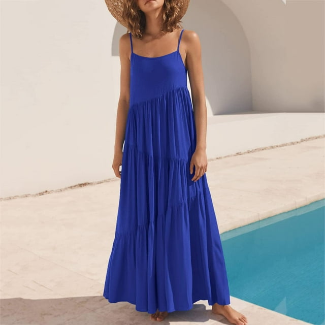 Lenago Robes de Cocktail Grande Taille pour Femmes Soirée Été Décontracté Robe Ample à Bretelles Plage Longue Maxi Robes d'Été pour Femmes Robes de Plage en Liquidation
