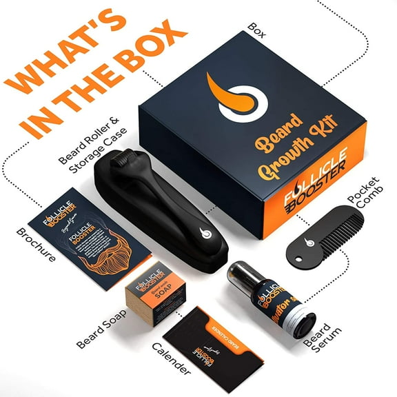 Serum Beard Growth Kit - 4 in 1 - Unscented Beard Growth Activator Serum (1oz) - Titanium Beard Roller - 100% Organic Orange Beard Soap Pocket Beard Comb for Patchy Facial Hair Growth - Vegan Recipe