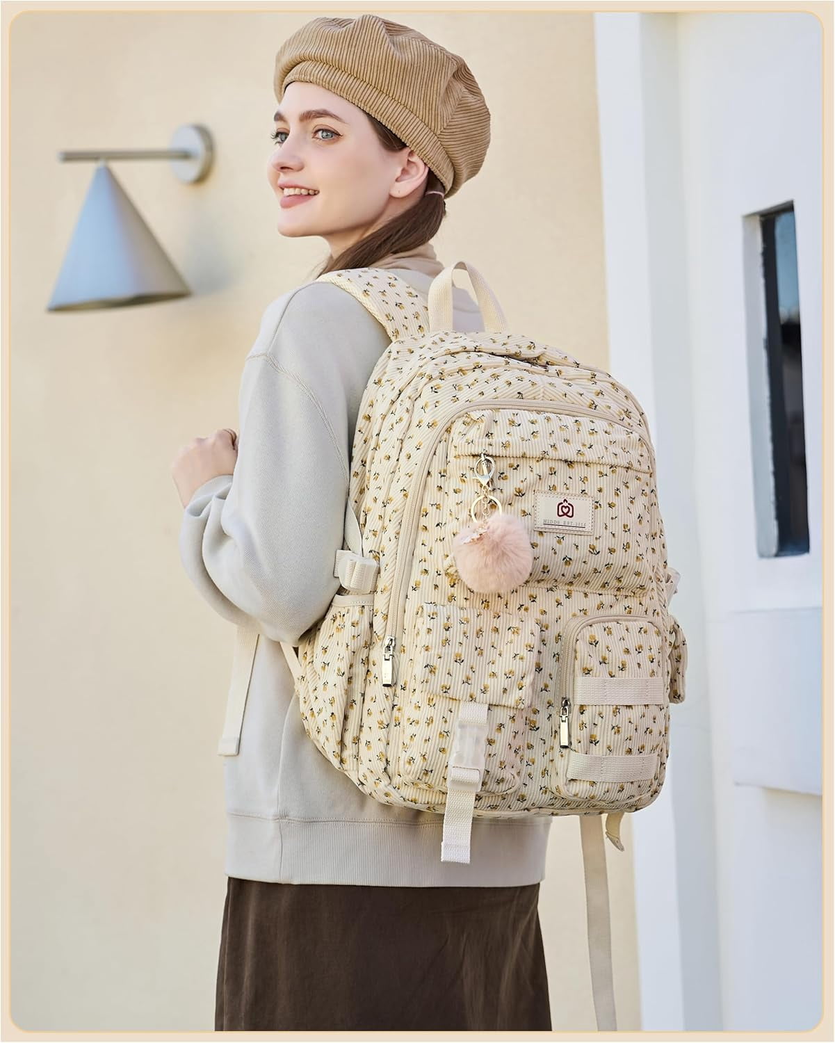 AO ALI VICTORY  School Backpack for Teens Girls Women 15.6 Inch Laptop College Backpacks Corduroy Work Bag Kids Elementary Middle High Campus Bookbag Students Pack Travel Daypack Womens（Beige Floral）