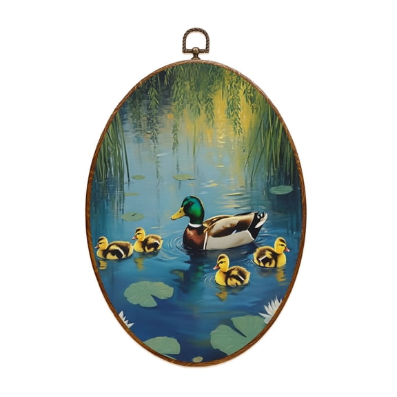 Duck Canvas Wall Art Ducks Water Lilies Vintage Duck Countryside Pond Art Nursery Bedroom Oval Framed Canvas Prints Vintage Wall Hanging Decor for Home Decorations 8.6"x11.4"