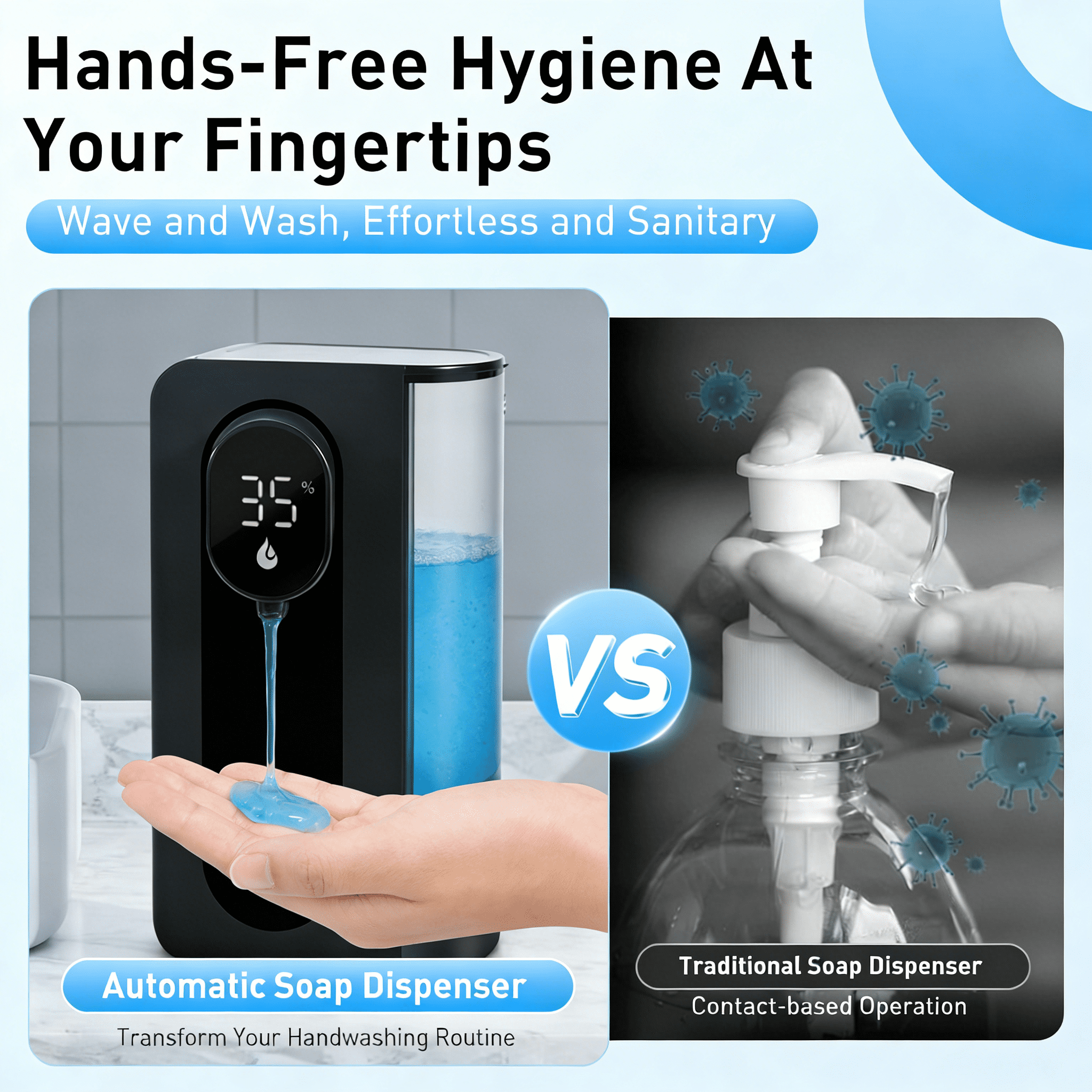 WANALIT Automatic Soap Dispenser Touchless, 500ML Gel Hand Soap Dispenser for Kitchen & Bathroom Sink, Digital Display, 3 Adjustable Levels, Rechargeable Countertop Soap Dispenser, Black