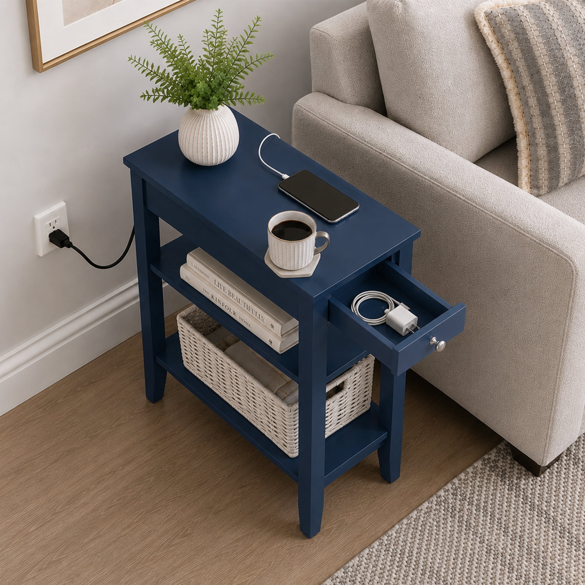 Convenience Concepts American Heritage 1 Drawer Chairside End Table with Charging Station and Shelves, Cobalt Blue