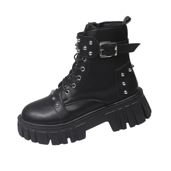 Black Women Metal Lace Up Thick Sole Chunky Heel Boots Autumn Winter Leisure Shoes With Durable Construction And Comfort Fit