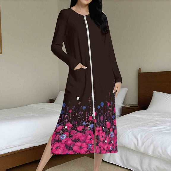 Women's Long Length Robe with Zipper and Pockets for Cozy Winter Nights and Home Wear
